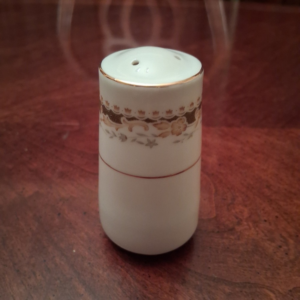 Vintage White Porcelain Pepper Shaker Floral Gold Trim Band 3 Hole Stopper